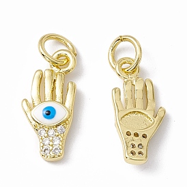 Rack Plating Brass Micro Pave Clear Cubic Zirconia Pendants, with Enamel and Jump Ring, Long-Lasting Plated, Cadmium Free & Lead Free, Palm with Evil Eye