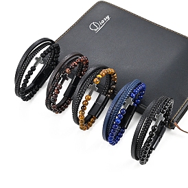 Leather Cord Multi-starand Bracelet, Cross Link Bracelet with Gemstone Beads