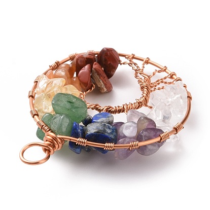 Natural Gmestone Copper Wire Big Pendants, Natural Amethyst & Green Aventurine & Citrine & Lapis Lazuli & Red Jasper & Red Aventurine & Quartz Crystal, Mixed Dyed and Undyed, Flat Round with Tree