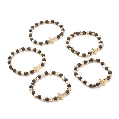Cross Cubic Zirconia Beads Stretch Bracelet, Natural Lava Rock Beads Oil Diffuser Bracelet, Brass Beads Bracelet for Women, Mixed Shape
