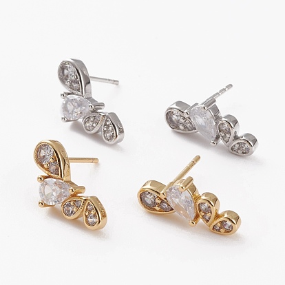 Brass Micro Pave Clear Cubic Zirconia Stud Earrings, Long-Lasting Plated, Teardrop