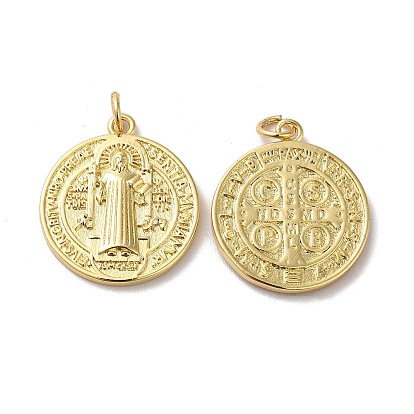 Eco-Friendly Rack Plating Brass Pendants, Long-Lasting Plated, Lead Free & Cadmium Free, Flat Round with Cssml Ndsmd Cross God Father Religious Christianity