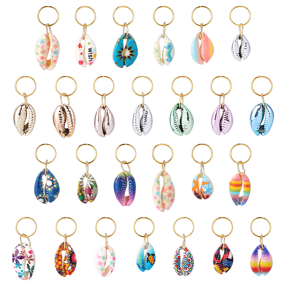 26 шт. 26 стили подвески с принтом из натуральной ракушки каури, с 304 кольцами из нержавеющей стали, золотые