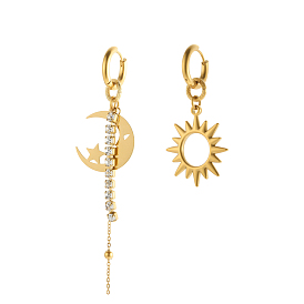 304 Набор асимметричных сережек из нержавеющей стали с изображением луны и солнца, Серьги-кольца с подвесками и цепочкой-кисточкой., ионное покрытие (ip)