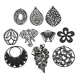 Spray Printed 430 Stainless Steel Pendants, Etched Metal Embellishments, Black, Flower/Teardrop/Elephant/Oval/Flat Round Charm