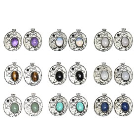 Natural Gemstone Oval Pendants, Rack Plating Antique Silver Plated Brass Pave Rhinestone Oval Charms, Cadmium Free & Lead Free
