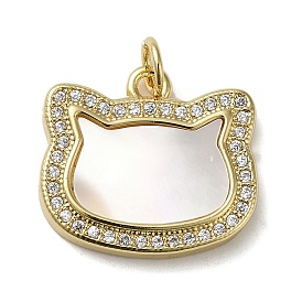 Brass Micro Pave Cubic Zirconia Pendants, with Shell, Cat
