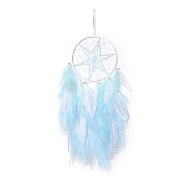 Star Woven Web/Net with Feather Wall Hanging Decorations, with Iron Ring, for Home Bedroom Decorations