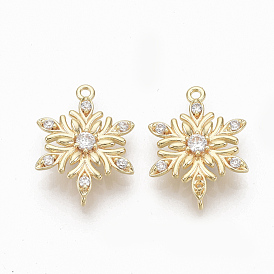 Brass Micro Pave Clear Cubic Zirconia Links, Nickel Free, Flower, Real 18K Gold Plated