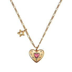 Pink Cubic Zirconia Heart Star Pendant Necklace, Brass Jewelry for Women
