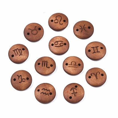 Wood Links Connectors, Flat Round with 12 Constellations, Dyed