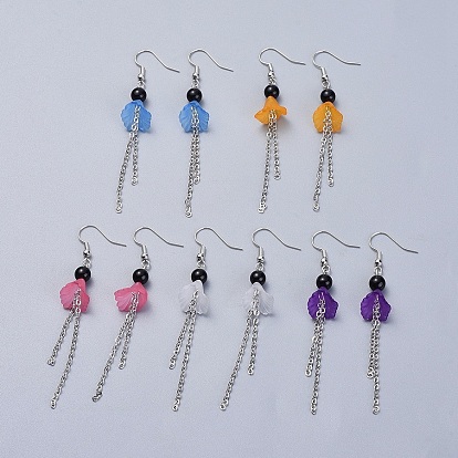 Acrylic Dangle Earrings, with Natural Black Agate, Brass Cable Chains and Earring Hooks, Lovely Wedding Dress Angel Dangle