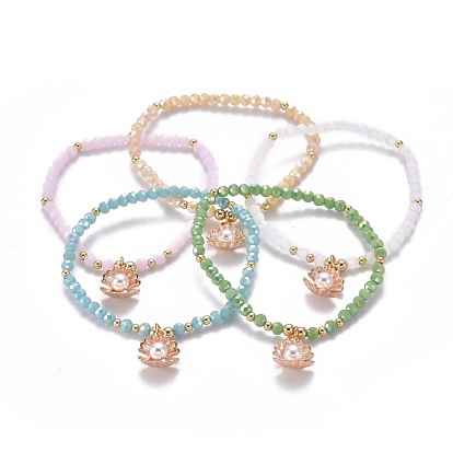 Faceted Glass Beaded Stretch Bracelets, Charm Bracelets, with Brass Beads, Plastic Imitation Pearl Beads and Alloy Charms, Shell Shape