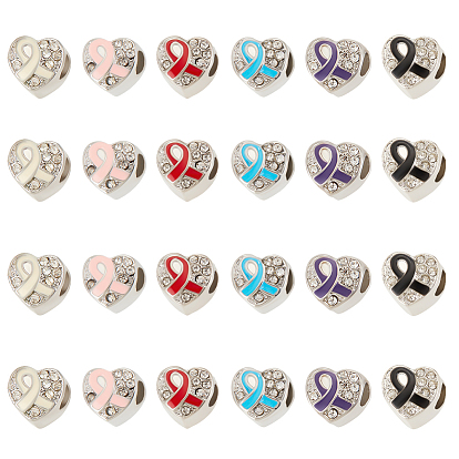 24 шт. 6 цвета платиновый тон сплав горный хрусталь европейские бусины, бусины-сердечки с большими отверстиями с эмалью, Сердце с осознанием ленты