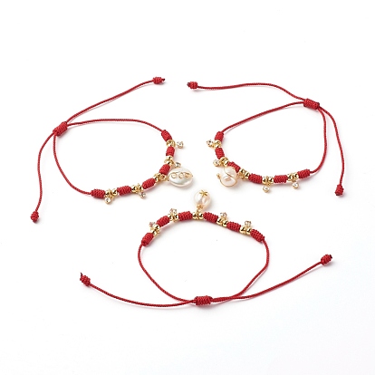 Adjustable Nylon Thread Cord Bracelets, with Alloy Natural Pearl & Brass Rhinestone Charms