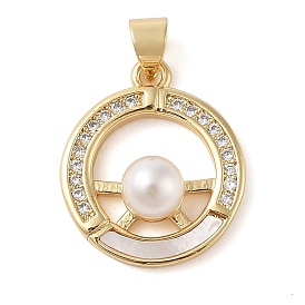 Brass & Shell & Clear Cubic Zirconia Pendants, with ABS Plastic Pearl, Ring