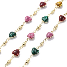 Colorful Enamel Heart Link Chains, with Brass Findings, Soldered, with Spool