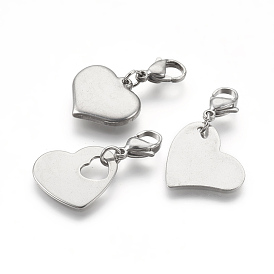 304 Stainless Steel Pendants, with Lobster Claw Clasps, Heart