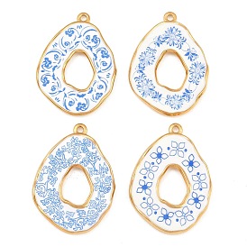 Pendentifs en acier inoxydable imprimés, Breloques en forme de larme irrégulière avec motif floral, bleu