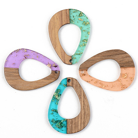 Transparent Resin & Walnut Wood Pendants, with Gold Foil, Teardrop