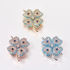 Brass Micro Pave Cubic Zirconia Links, Clover, Nickel Free & Lead Free & Cadmium Free
