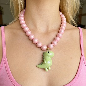 Resin Dinosaur Pendant Pink Round Beaded Necklaces for Women, Golden