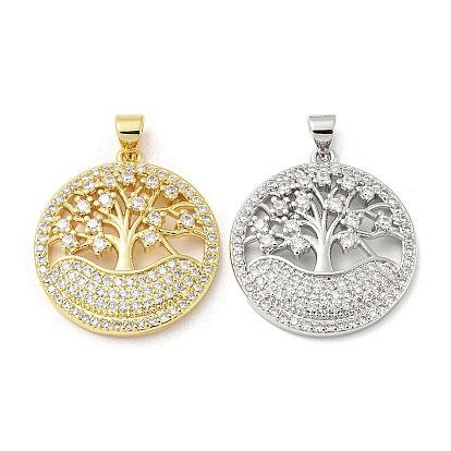 Rack Plating Brass Micro Pave Cubic Zirconia Pendants, Long-Lasting Plated, Lead Free & Cadmium Free, Flat Round with Tree Charms