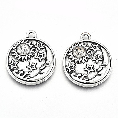 Сплавочные сеттинги для кулона, тибетский стиль, без свинца и без кадмия, плоский круг с луной и солнцем