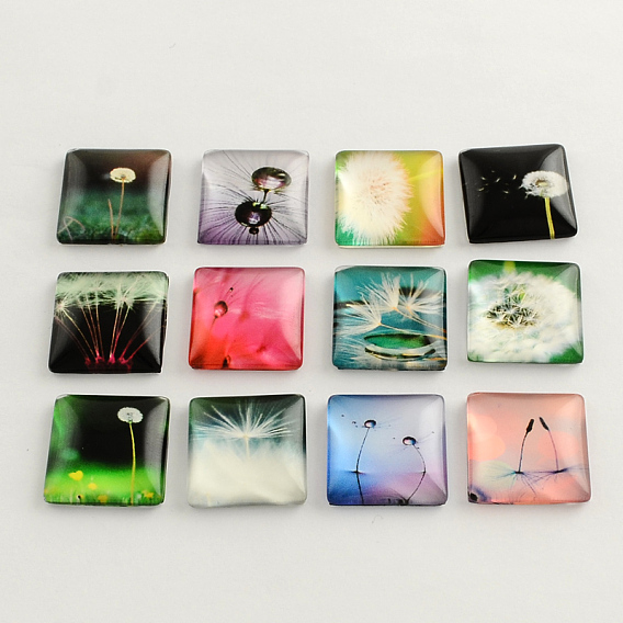 Dandelion Pattern Glass Flatback Square Cabochons, for DIY Projects
