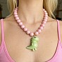 Resin Dinosaur Pendant Pink Round Beaded Necklaces for Women, Golden