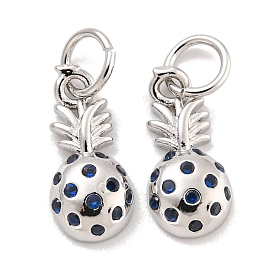 Brass Micro Pave Marine Blue Cubic Zirconia Charms, with Jump Rings, Long-Lasting Plated, Lead Free & Cadmium Free, Pineapple