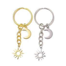 201 Stainless Steel Sun & 304 Stainless Steel Moon Keychain, with Iron Split Key Rings