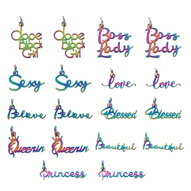 18Pcs 9 Style Ion Plating(IP) 201 Stainless Steel Pendants, with Jump Rings, Rainbow, Word
