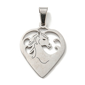 304 Stainless Steel Pendants, Laser Cut, Heart with Horse Charm