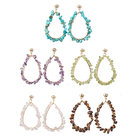 Teardrop Natural Gemstones Dangle Studs Earrings, Golden Copper Wire Wrap Jewelry for Women