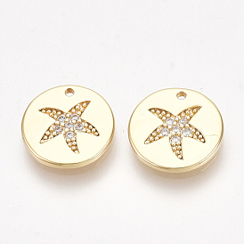 Brass Cubic Zirconia Charms, Nickel Free, Real 18K Gold Plated, Flat Round with Starfish/Sea Stars, Clear