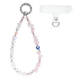 Correas para móvil de acrílico, cuarzo rosa natural y plástico ABS con imitación de perla., con cordón de plástico pvc para teléfono celular, Platino