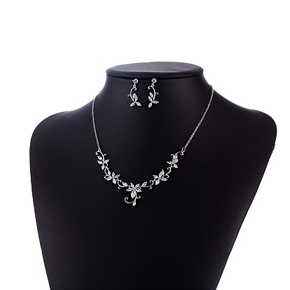 Комплекты серег и ожерелий из латуни с микропаве из прозрачных кубических цирконий, цветок и листья