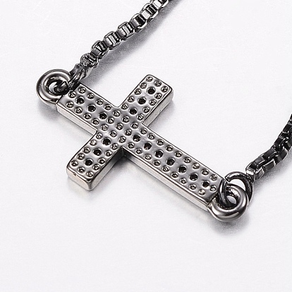 Adjustable Brass Bolo Bracelets, Slider Bracelets, with Cubic Zirconia and Box Chains, Cross