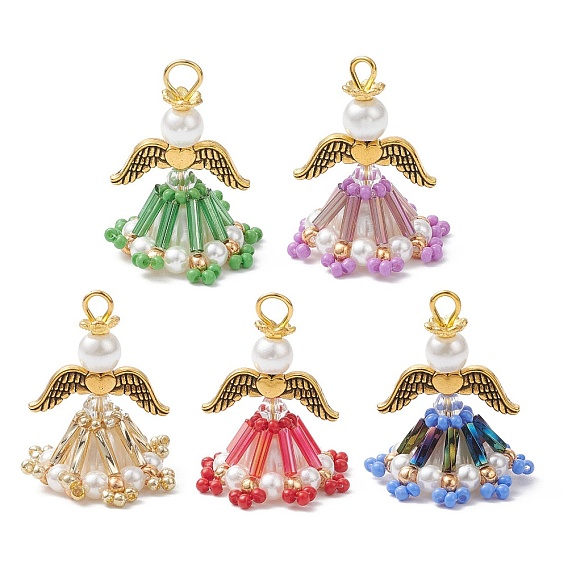 Стеклянные подвески, ангел, с акриловыми и пластиковыми бусинами, имитирующими жемчуг, железной петлей и сплавом