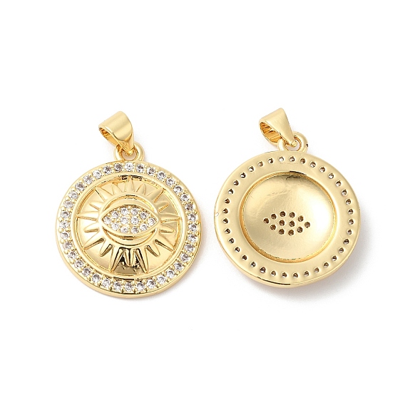 Brass Micro Pave Clear Cubic Zirconia Pendants, Flat Round with Eye Charms