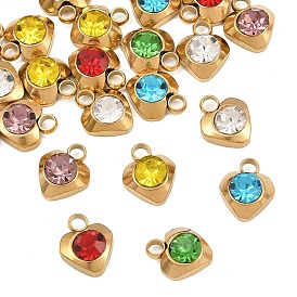 201 Stainless Steel Rhinestone Pendants, Heart Charms, Ion Plating(IP), Real 18K Gold Plated/Stainless Steel Color