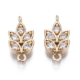 Brass Micro Pave Clear Cubic Zirconia Links Connectors, Long-Lasting Plated, Cadmium Free & Lead Free, Leaf