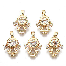 Brass Micro Pave Clear Cubic Zirconia Pendants, with Brass Snap on Bails, Nickel Free, Girl