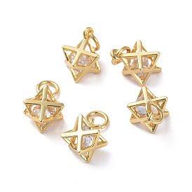 Hollow Brass Charms, with Clear Cubic Zirconia, Long-Lasting Plated, Real 18K Gold Plated, Merkaba Star