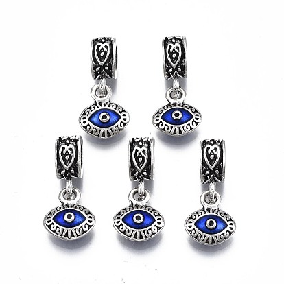 Alloy Enamel European Dangle Charms, Evil Eye, Large Hole Pendants, Antique Silver