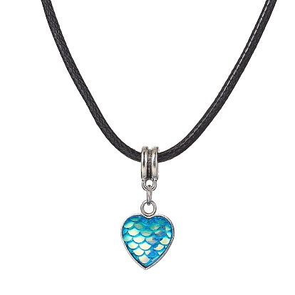 Heart with Fish Scale Shape 304 Stainless Steel with Resin Pendant Necklaces, with Imitation Leather Cords