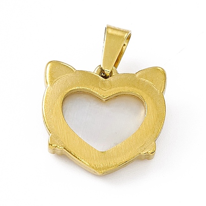 Natural Shell Heart Charms with Cat Ear, with Vacuum Plating 304 Stainless Steel Findings
