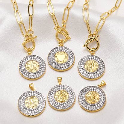 Duo Tone Religion Brass Micro Pave Clear Cubic Zirconia Flat Round Pendant Necklaces, Golden & Stainless Steel Color