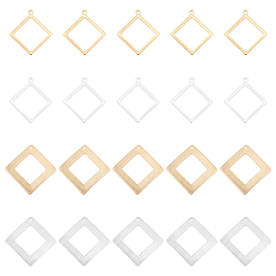 40Pcs 4 Style  Rack Plating Eco-friendly Brass Pendants, Lead Free & Cadmium Free, Long-Lasting Plated, Hollow Rhombus
